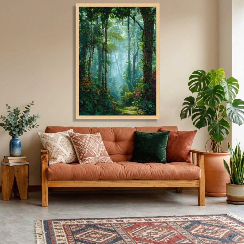 Lush Tropical Rainforest Pathway Canvas, Exotic Jungle Wall Art, Nature Landscape Canvas, Vibrant Botanical Scene, Ready to Hang Home Decor Natural Wood Frame