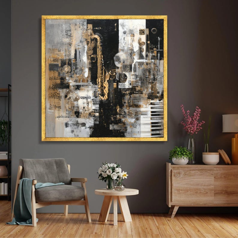 Abstract Jazz Instrument Canvas, Saxophone and Piano Wall Art, Music Themed Canvas Decor, Modern Artistic Melody Print, Home Music Room image 2