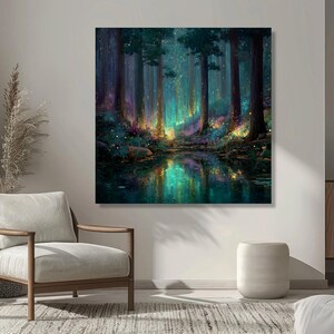 Enchanted Forest Glow, Magical Woodland Canvas, Fantasy Landscape Wall Art, Illuminated Trees Reflection, Mystical Nature Decor image 8