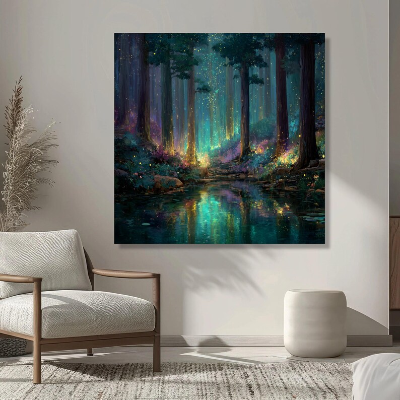 Enchanted Forest Glow, Magical Woodland Canvas, Fantasy Landscape Wall Art, Illuminated Trees Reflection, Mystical Nature Decor image 8
