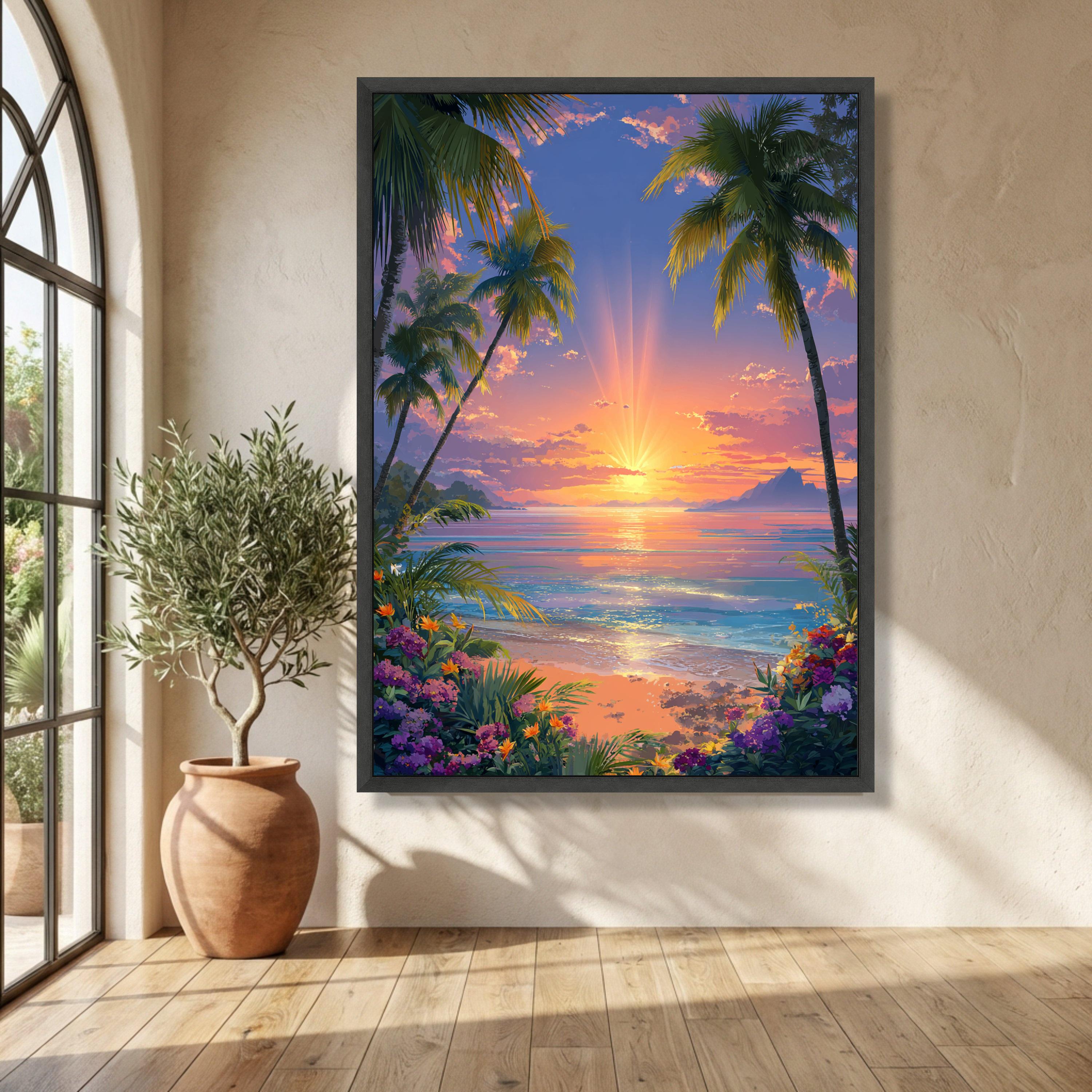 Tropical Sunset Beach Canvas Wall Art, Palm Trees and Ocean View ...