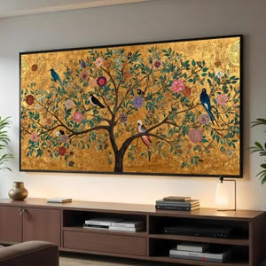 Gustav Klimt, Albero della vita su tela, Arte murale floreale con uccelli, Tela decorata con foglia d'oro, Illustrazione decorativa della natura, Elegante arredamento per la casa