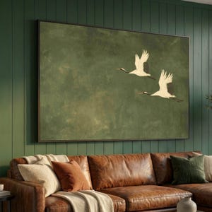 Elegant Flying Cranes Canvas Wall Art, Minimalist Bird Painting, Natural Green Background, Asian Home Decor, Ready to Hang Canvas
