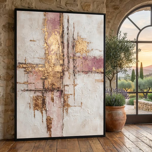Elegant Abstract Canvas Wall Art, Gold Leaf Painting, Pink and White Modern Decor, Metallic Accent, Contemporary Home Decoration
