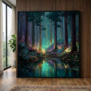 Enchanted Forest Glow, Magical Woodland Canvas, Fantasy Landscape Wall Art, Illuminated Trees Reflection, Mystical Nature Decor image 1
