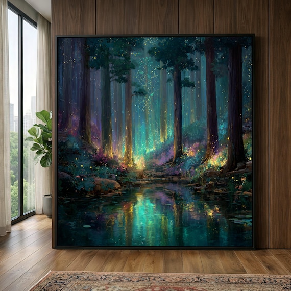 Enchanted Forest Glow, Magical Woodland Canvas, Fantasy Landscape Wall Art, Illuminated Trees Reflection, Mystical Nature Decor