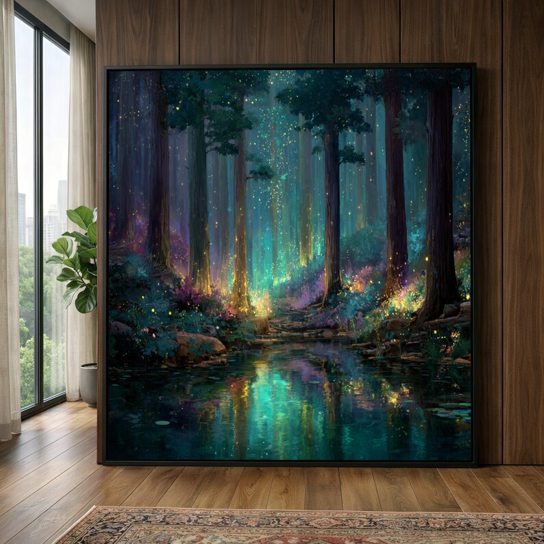 Enchanted Forest Glow, Magical Woodland Canvas, Fantasy Landscape Wall Art, Illuminated Trees Reflection, Mystical Nature Decor image 1