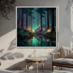 Enchanted Forest Glow, Magical Woodland Canvas, Fantasy Landscape Wall Art, Illuminated Trees Reflection, Mystical Nature Decor image 4