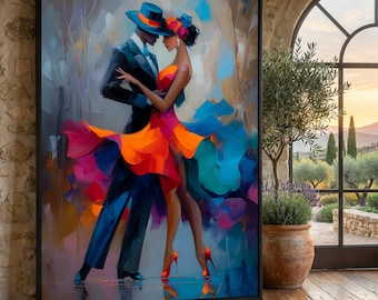 May include: A framed abstract painting of a couple dancing. The man wears a black suit and a blue hat with an orange band. The woman wears a vibrant orange and blue dress and orange heels. The artwork features bold brushstrokes and a colorful palette.