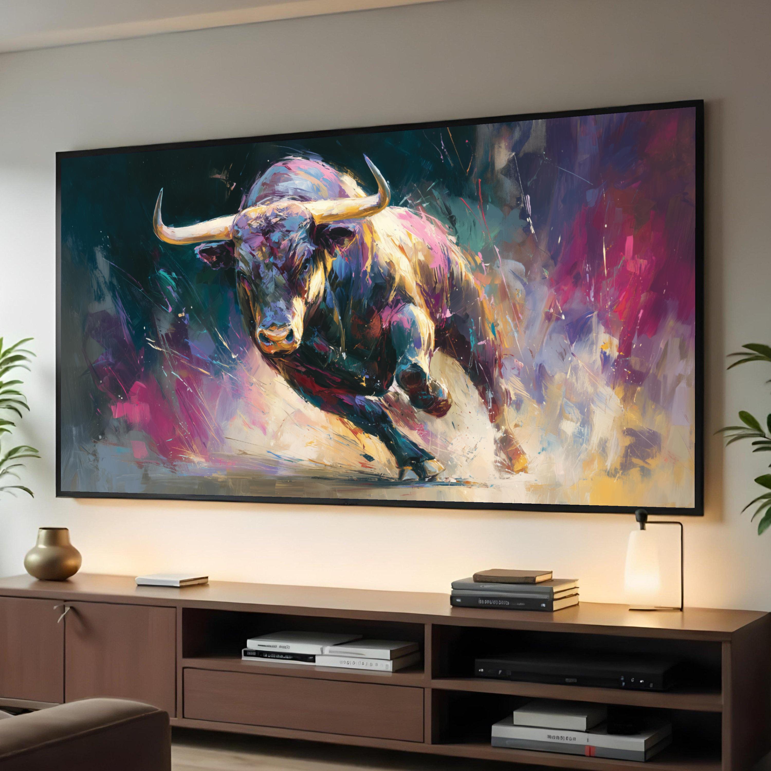Dynamic Charging Bull Canvas, Abstract Animal Wall Art, Vibrant Modern ...