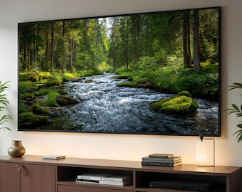 Tranquil Forest Stream Canvas, Flowing River Wall Art, Nature Landscape Canvas, Green Woodland Scene, Mossy Rocks Wall Decor, Ready to Hang