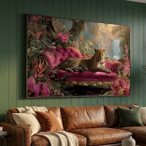 Elegant Leopard on Vintage Velvet Sofa, Jungle Waterfall Canvas, Exotic Animal Wall Art, Tropical Floral Decor, Luxurious Nature Canvas