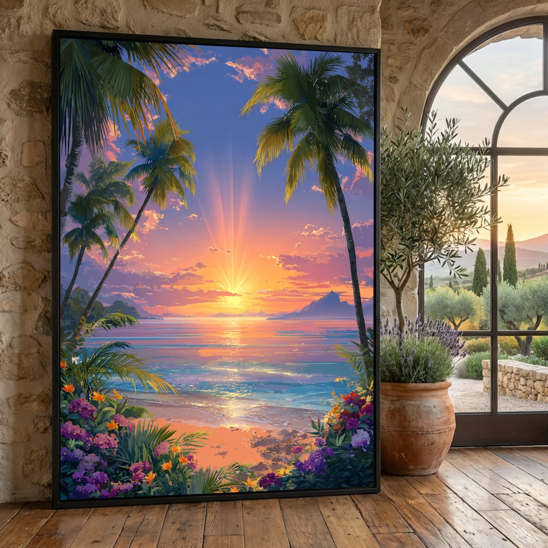 Tropical Sunset Beach Canvas Wall Art, Palm Trees and Ocean View ...