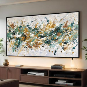Moderne Abstrakte Splatter Leinwand, Türkis Gold Weiß Wandkunst, Zeitgenössisches Farbspritzen-Design, Wohnkultur, fertig zum Aufhängen
