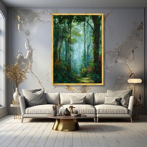 Lush Tropical Rainforest Pathway Canvas, Exotic Jungle Wall Art, Nature Landscape Canvas, Vibrant Botanical Scene, Ready to Hang Home Decor Gold Frame
