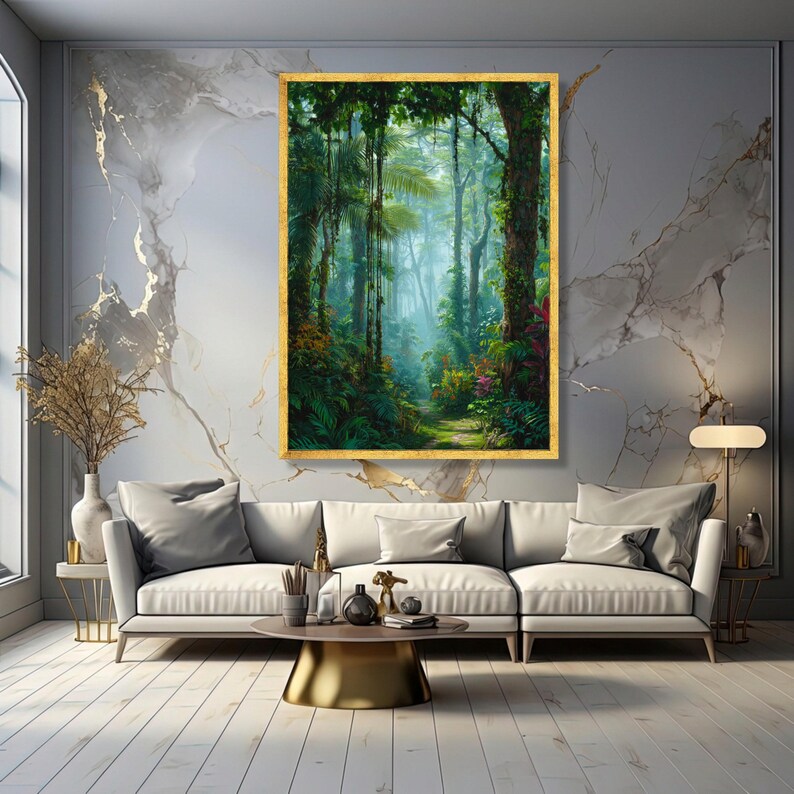Lush Tropical Rainforest Pathway Canvas, Exotic Jungle Wall Art, Nature Landscape Canvas, Vibrant Botanical Scene, Ready to Hang Home Decor Gold Frame