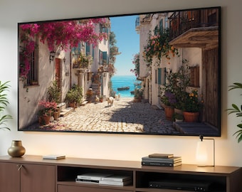 Mediterranean Village Alley, Sea View Canvas, Cobblestone Street Wall Art, Floral Balcony Decor, Coastal Landscape Canvas, Rustic Home