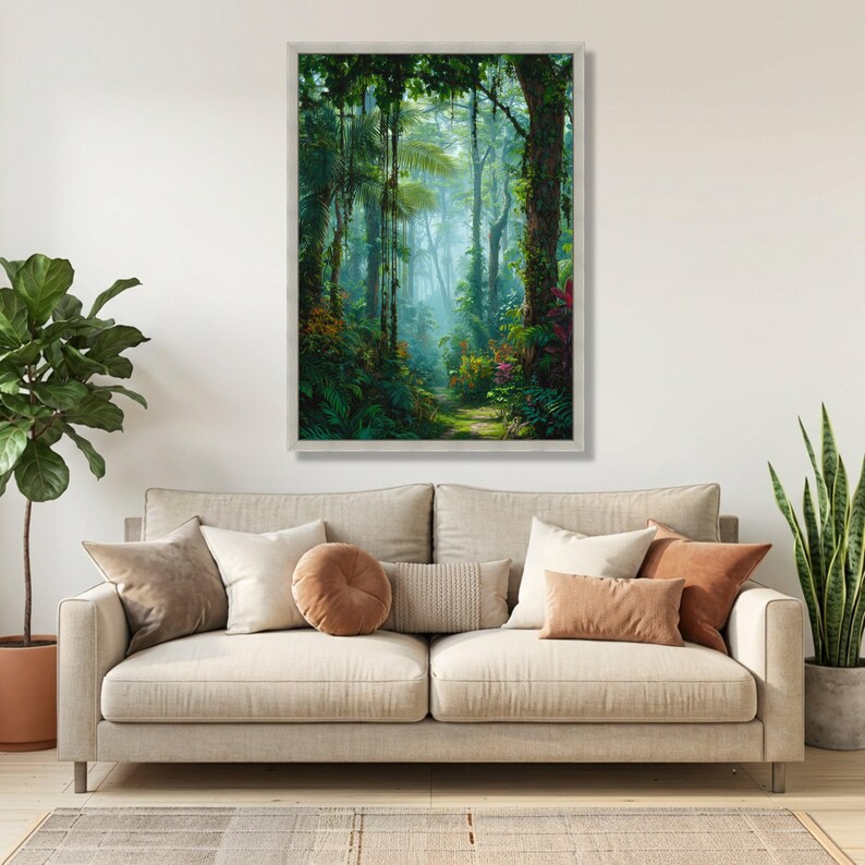 Lush Tropical Rainforest Pathway Canvas, Exotic Jungle Wall Art, Nature Landscape Canvas, Vibrant Botanical Scene, Ready to Hang Home Decor Silver Frame