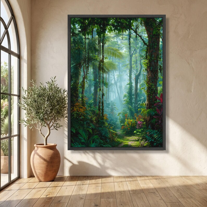Lush Tropical Rainforest Pathway Canvas, Exotic Jungle Wall Art, Nature Landscape Canvas, Vibrant Botanical Scene, Ready to Hang Home Decor Black Frame
