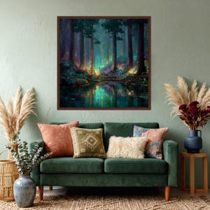 Enchanted Forest Glow, Magical Woodland Canvas, Fantasy Landscape Wall Art, Illuminated Trees Reflection, Mystical Nature Decor image 7