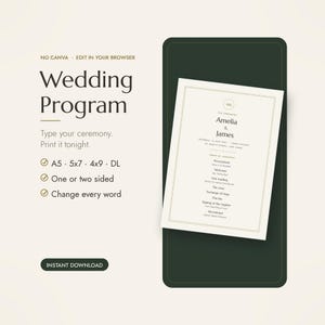 Wedding Program Template, Editable Ceremony Program, A5 5x7 4x9 DL, No Canva (Digital Download)