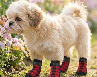 Plaid Dog Socks | Non-Slip Cotton Puppy Shoes, Set of 4