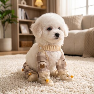 May include: A fluffy white dog wearing beige and brown plaid overalls with the words "Happy Puppies" and a bear graphic. The dog is sitting on a white rug.