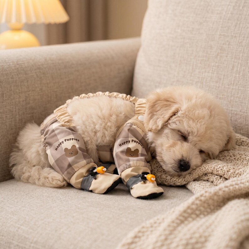 May include: A sleeping puppy wearing a brown plaid outfit with the words "Happy Puppies" and a bear graphic. The puppy is lying on a beige blanket on a sofa. The outfit includes matching booties with orange accents.