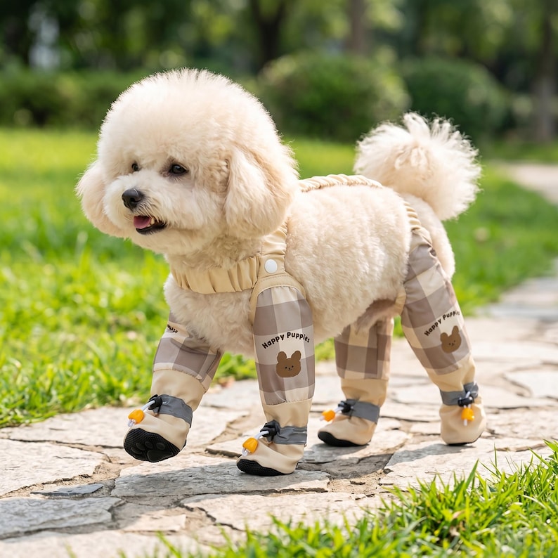May include: A beige poodle wearing a beige and brown plaid outfit with matching booties. The outfit has the words "Happy Puppies" and a bear graphic on the legs. The dog is outdoors on a stone path.