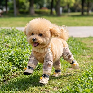 May include: A small, light brown dog wearing a beige plaid jumpsuit with matching booties. The jumpsuit has the words "Happy Puppies" and a bear graphic on the legs. The dog is in a grassy area.