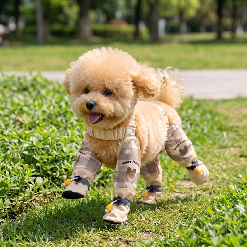 May include: A small, light brown dog wearing a beige plaid jumpsuit with matching booties. The jumpsuit has the words "Happy Puppies" and a bear graphic on the legs. The dog is in a grassy area.