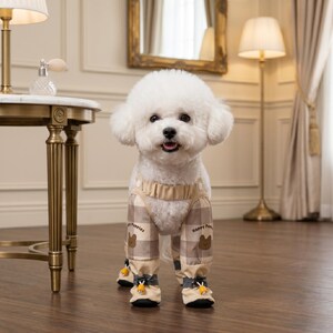 May include: A white Bichon Frise dog wearing a beige and brown plaid jumpsuit with bear graphics and matching booties. The jumpsuit has suspenders and the text "Happy Puppies". The dog is indoors.