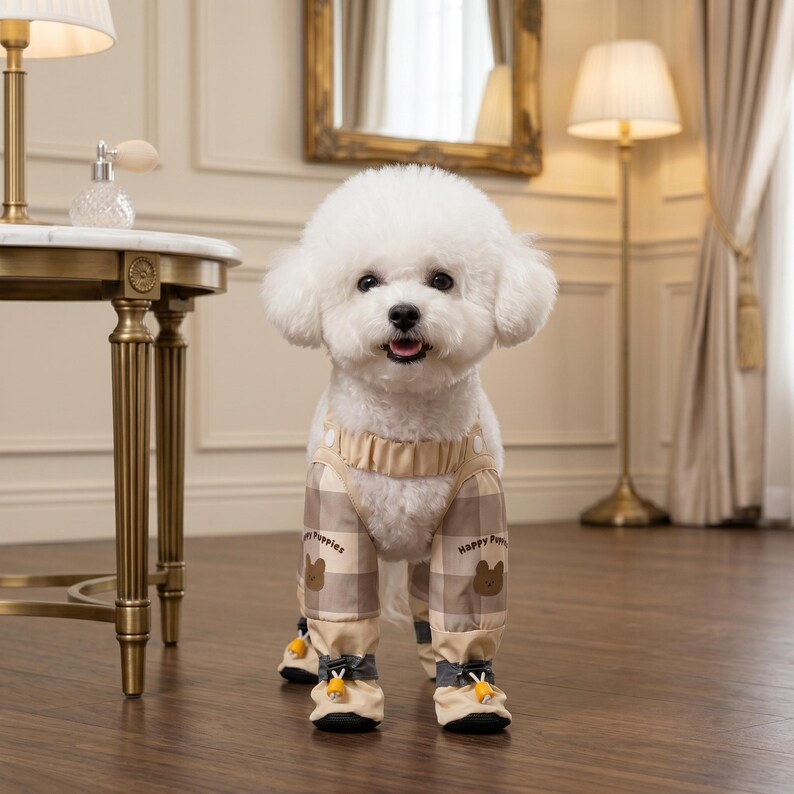 May include: A white Bichon Frise dog wearing a beige and brown plaid jumpsuit with bear graphics and matching booties. The jumpsuit has suspenders and the text "Happy Puppies". The dog is indoors.