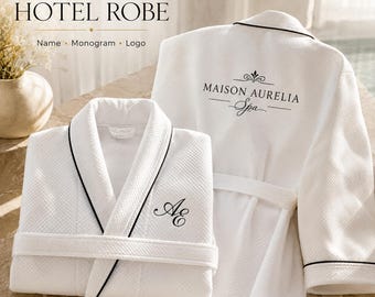 Personalized Embroidered Hotel Robe, Custom Name or Monogram, Soft White Waffle Spa Bathrobe with Black Piping, Unisex Luxury Long Robe