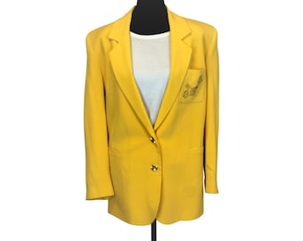 Vintage 100% Seiden Crepe Gestickte Schlüssel Blazer Damen Gelbgold Knöpfe