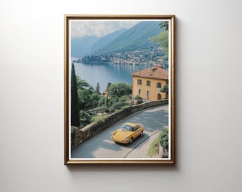 Porsche 911 Print | Retro Lake Como Italy Porsche | Wall Art | Vintage Print | Digital Download