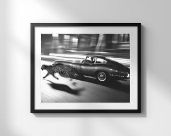 Lámina de coche clásico con estampado de leopardo / Póster de lujo / Arte mural en blanco y negro / Lámina vintage / Descarga digital