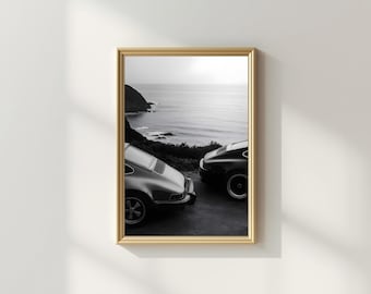 Porsche 911 Print | Ocean Poster | Black and White Wall Art | Vintage Print | Digital Download