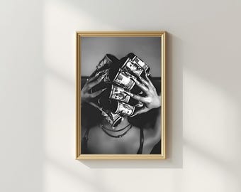 Woman with Money Print | Luxury Fashion Poster | Black and White Wall Art | Digital Download