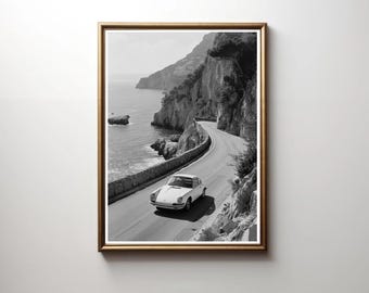 Impresión del Porsche 911 / Costa Amalfitana, Italia / Póster de Porsche / Arte mural en blanco y negro / Impresión vintage / Descarga digital
