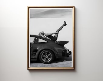 Woman on Porsche 911 with Heels Print | Black and White | Wall Art | Vintage Poster | Digital Download