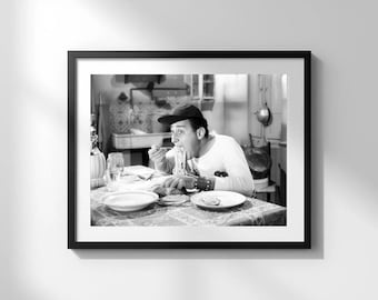 Italian Man Eating Spaghetti Poster | Black and White | Vintage Wall Art |  Kitchen Art Print, Restaurant Decor | Digital Download