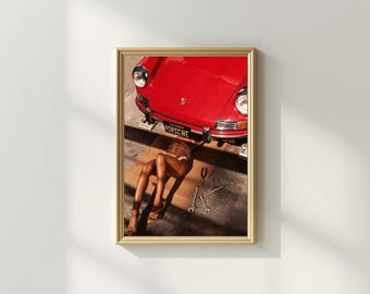 Lámina Chica Bajo un Porsche / Póster Vintage Porsche 911 / Fotografía de Coches / Póster Vintage / Descarga Digital