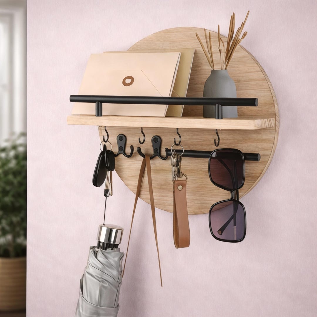 Wooden Key Holder for Wall With Shelf – Entryway Mail Organizer, Round ...