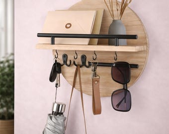 Round Wall Mounted Wooden Key Holder with Shelf and Hooks, Entryway Key Rack Organizer with Rail, Modern Rustic Home Wall Decor Entryway
