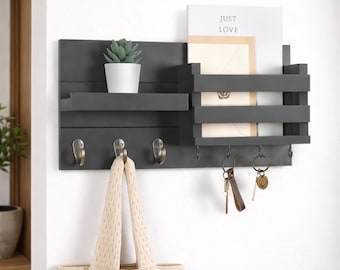 Wall Key Holder with Shelf, Rustic Mail Organizer for Entryway, Wooden Key Rack with Hooks