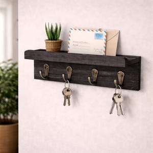 Wall Mounted Wooden Key Holder with Shelf and 4 Hooks, Rustic Entryway Key Rack Organizer for Hallway, Home Wall Storage Decor Entryway Black