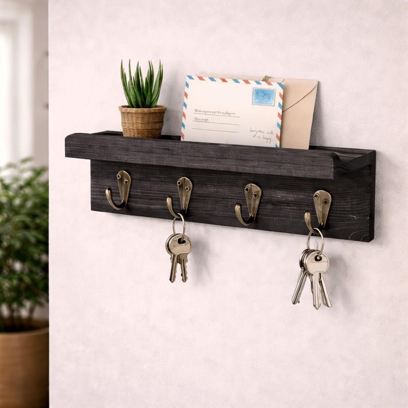 Wall Mounted Wooden Key Holder with Shelf and 4 Hooks, Rustic Entryway Key Rack Organizer for Hallway, Home Wall Storage Decor Entryway Black