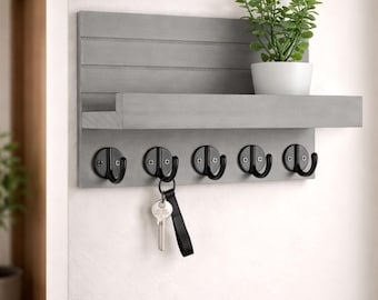 Wall Mounted Wooden Key Holder with Shelf and 5 Hooks, Entryway Mail Organizer Rack for Home Hallway, Modern Rustic Decor Apartment Entry