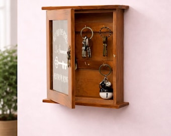 Vintage Wooden Key Holder Cabinet with Glass Door – Wall Mounted Entryway Organizer with Hooks, Rustic Key Storage Box for Home Decor